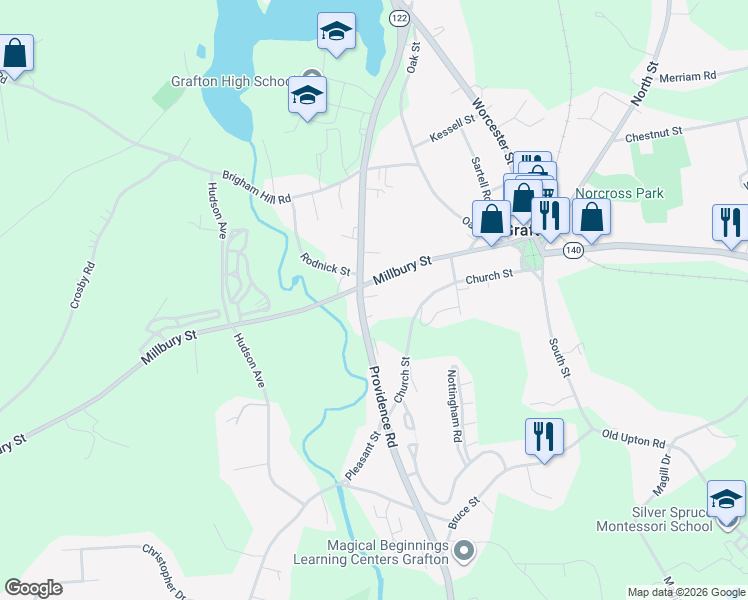map of restaurants, bars, coffee shops, grocery stores, and more near 38 Millbury Street in Grafton