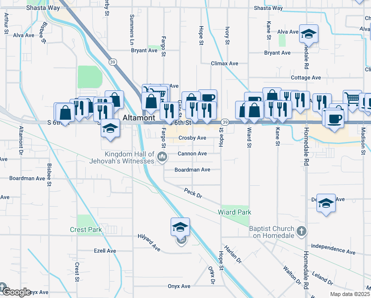map of restaurants, bars, coffee shops, grocery stores, and more near 2401 Gettle Street in Klamath Falls