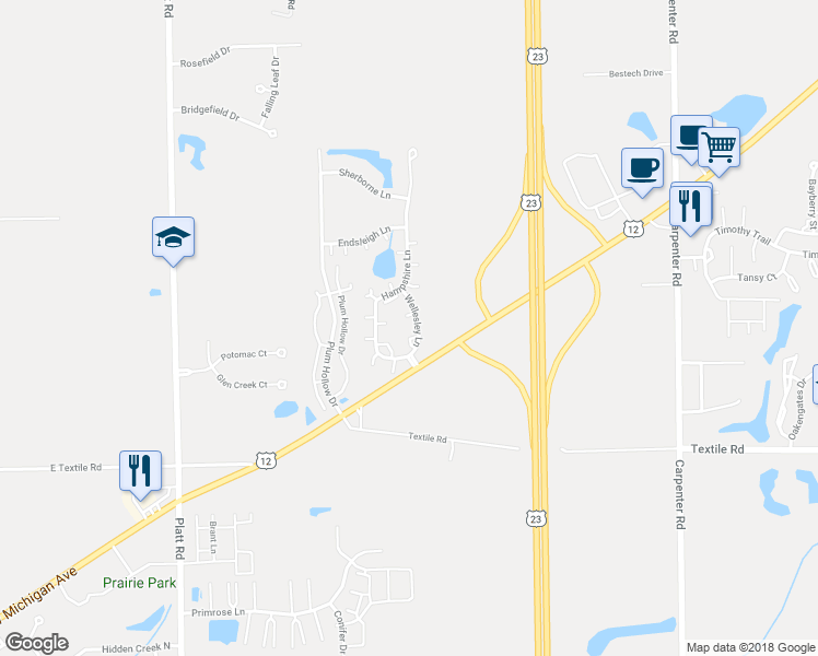 map of restaurants, bars, coffee shops, grocery stores, and more near 5734 Wellesley Lane in Ypsilanti