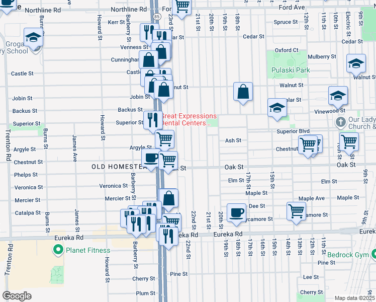 map of restaurants, bars, coffee shops, grocery stores, and more near 2708 22nd Street in Wyandotte