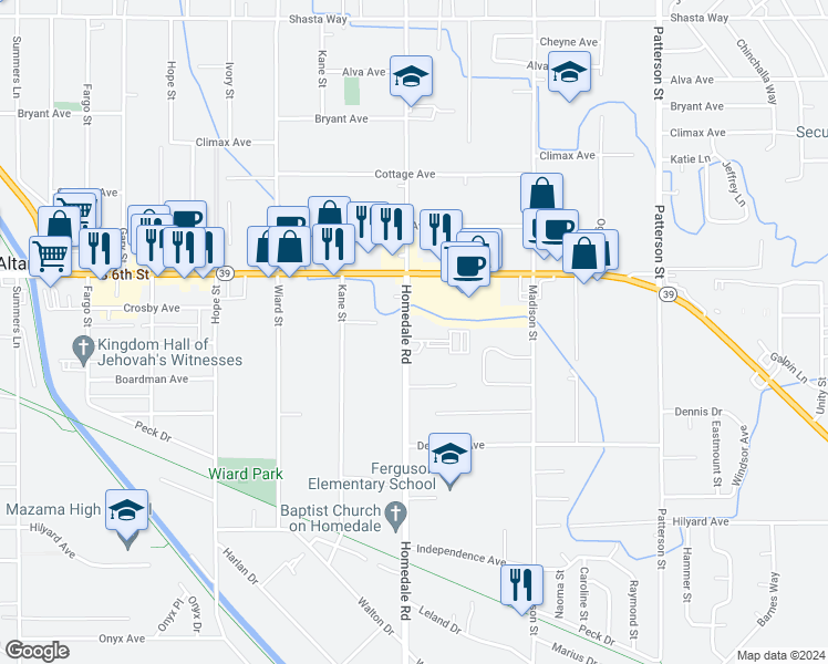 map of restaurants, bars, coffee shops, grocery stores, and more near 2439 Homedale Road in Klamath Falls