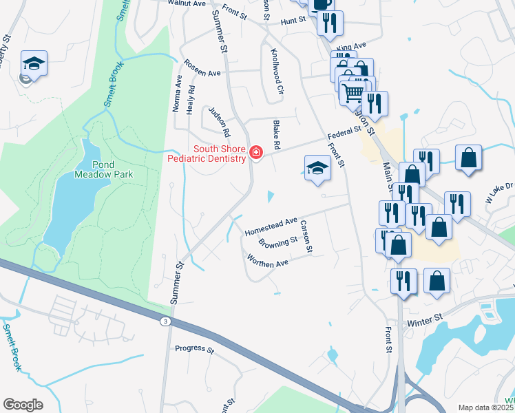 map of restaurants, bars, coffee shops, grocery stores, and more near 232 Summer Street in Weymouth