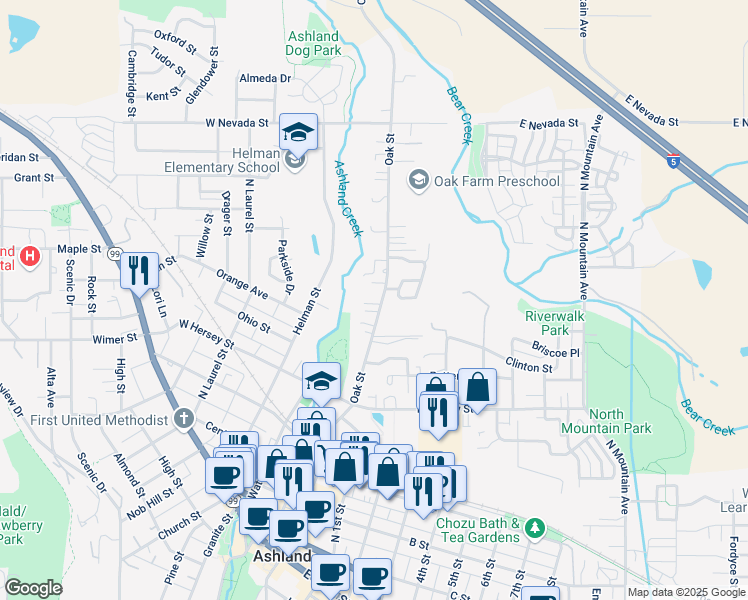 map of restaurants, bars, coffee shops, grocery stores, and more near 779 Oak Street in Ashland