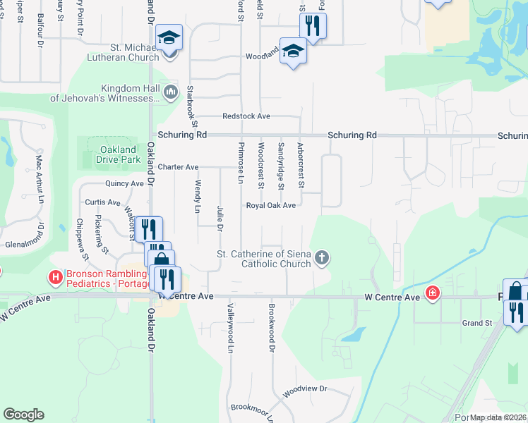 map of restaurants, bars, coffee shops, grocery stores, and more near 7650 Sandyridge Street in Portage