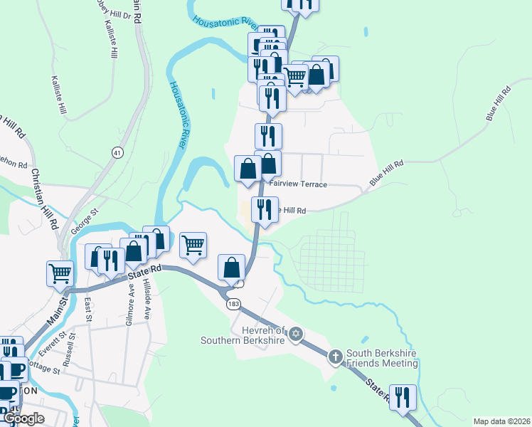 map of restaurants, bars, coffee shops, grocery stores, and more near 220 Stockbridge Road in Great Barrington