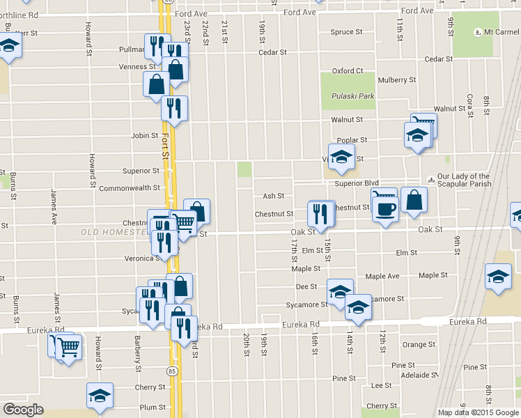 map of restaurants, bars, coffee shops, grocery stores, and more near 1808 Chestnut Street in Wyandotte