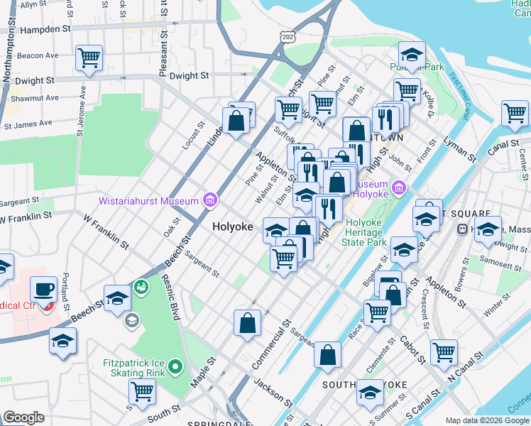 map of restaurants, bars, coffee shops, grocery stores, and more near 207 Elm Street in Holyoke