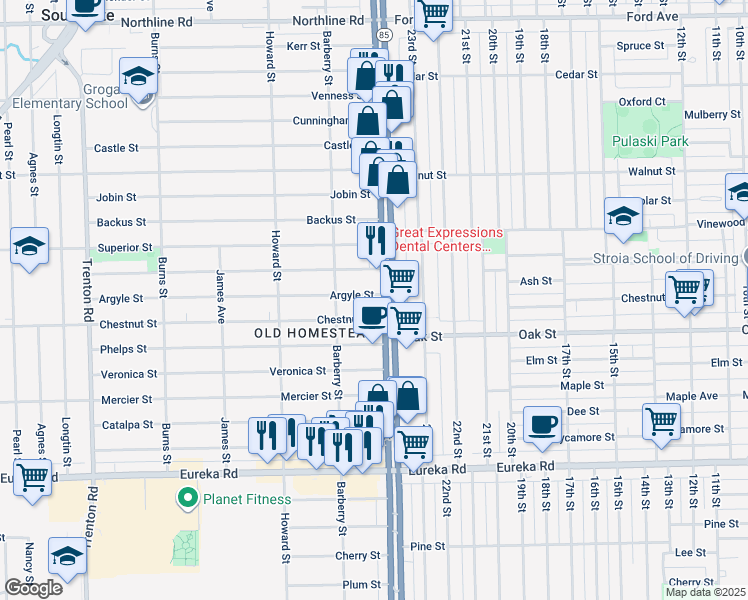 map of restaurants, bars, coffee shops, grocery stores, and more near 14100 Fort Street in Southgate