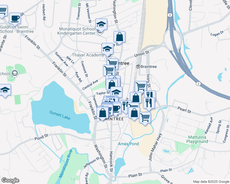 map of restaurants, bars, coffee shops, grocery stores, and more near 798 Washington Street in Braintree