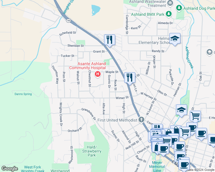 map of restaurants, bars, coffee shops, grocery stores, and more near 510 Catalina Drive in Ashland