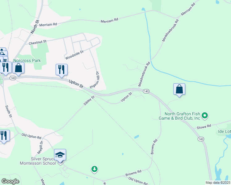 map of restaurants, bars, coffee shops, grocery stores, and more near 101 Upton Street in Grafton