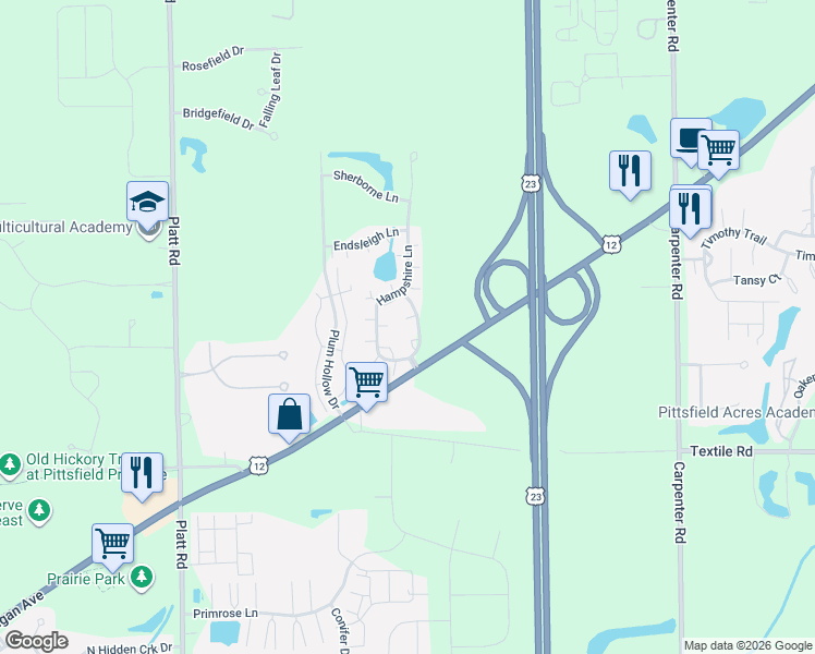 map of restaurants, bars, coffee shops, grocery stores, and more near 5685 Hampshire Lane in Ypsilanti