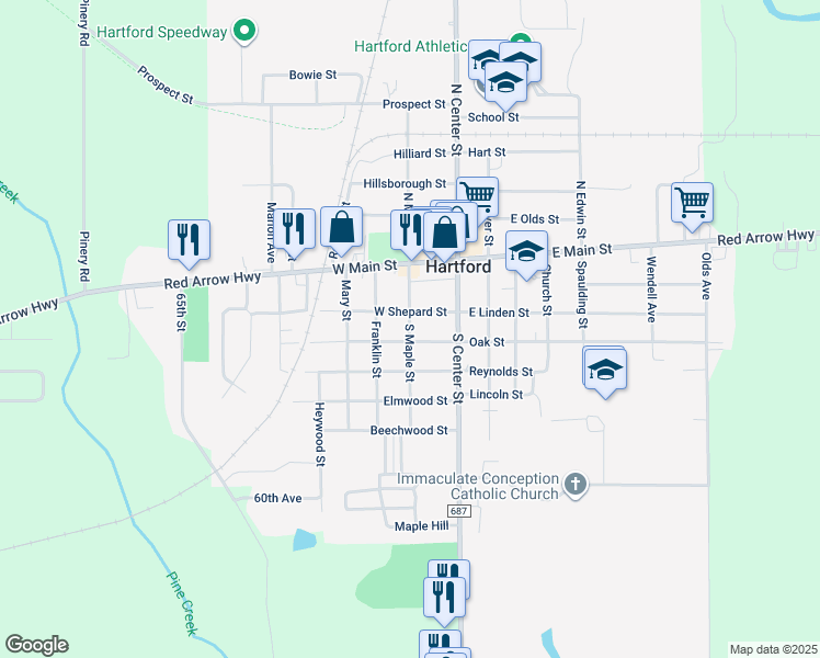 map of restaurants, bars, coffee shops, grocery stores, and more near 109 West Shepard Street in Hartford