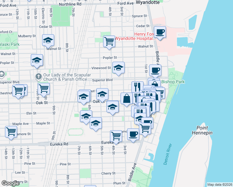 map of restaurants, bars, coffee shops, grocery stores, and more near 336 Chestnut Street in Wyandotte