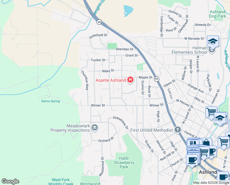 map of restaurants, bars, coffee shops, grocery stores, and more near 518 Maple Way in Ashland
