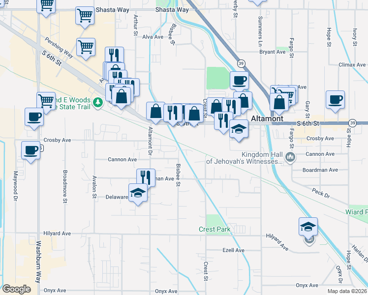map of restaurants, bars, coffee shops, grocery stores, and more near 3612 South 6th Street in Klamath Falls