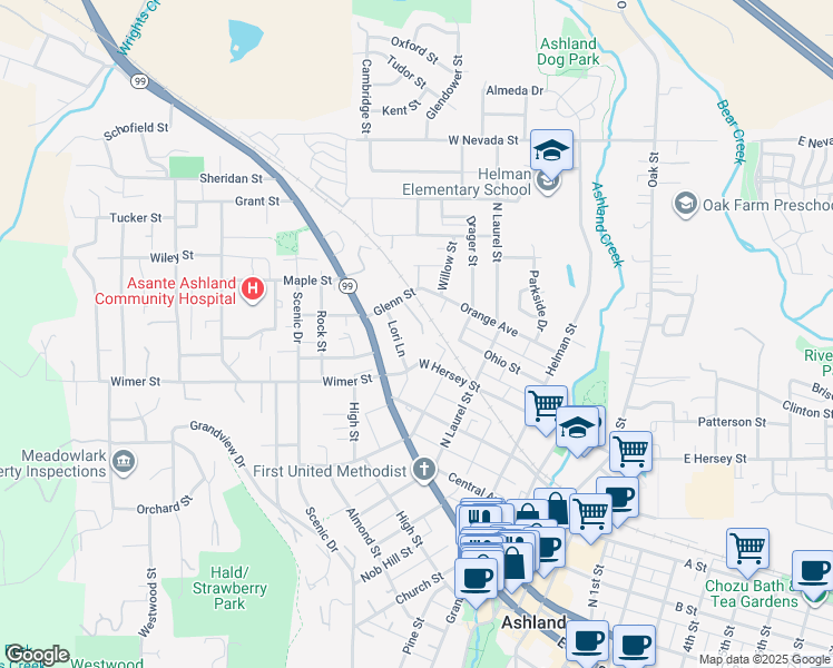 map of restaurants, bars, coffee shops, grocery stores, and more near 378 Glenn Street in Ashland