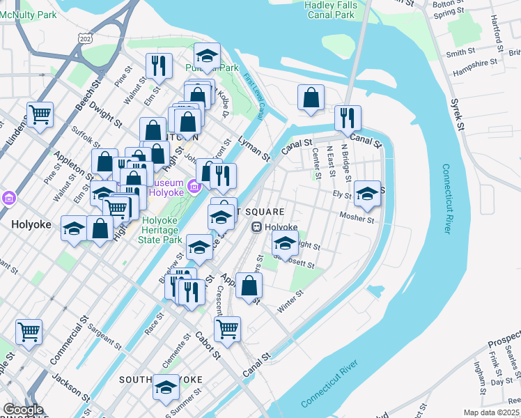 map of restaurants, bars, coffee shops, grocery stores, and more near 1218 Main Street in Holyoke