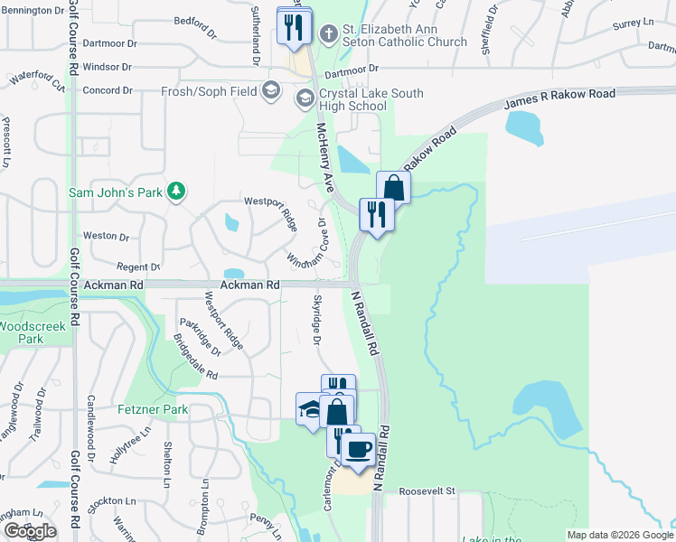 map of restaurants, bars, coffee shops, grocery stores, and more near 1281 Merrimack Court in Crystal Lake