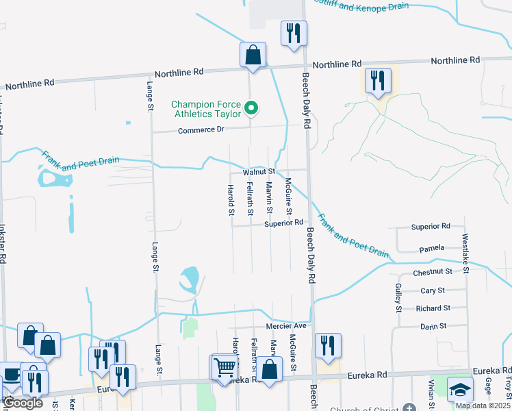 map of restaurants, bars, coffee shops, grocery stores, and more near 13700 Marvin Street in Taylor