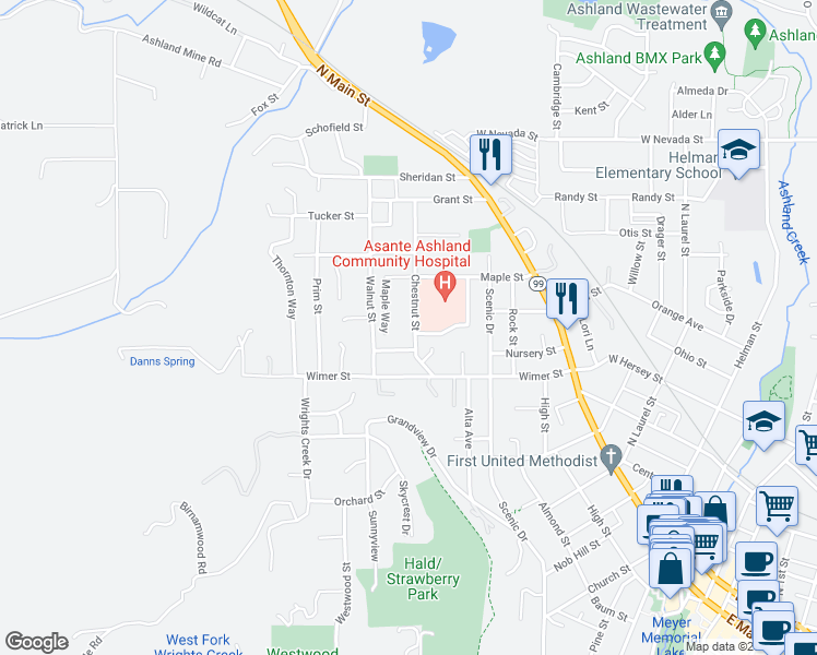 map of restaurants, bars, coffee shops, grocery stores, and more near 280 Maple Street in Ashland