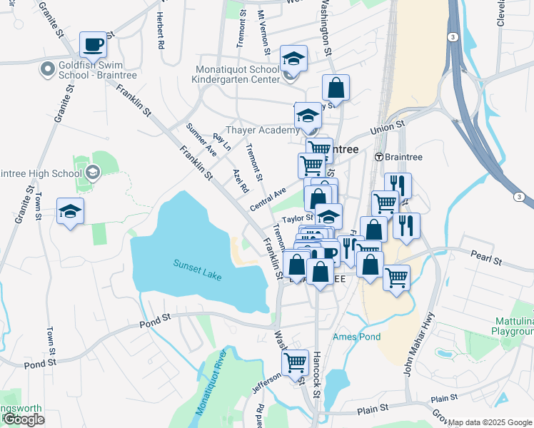 map of restaurants, bars, coffee shops, grocery stores, and more near 105 Central Avenue in Braintree