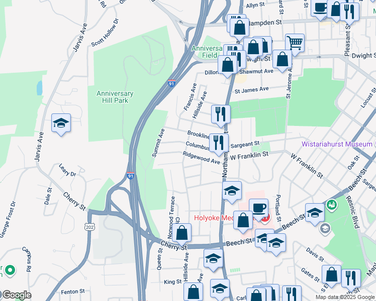 map of restaurants, bars, coffee shops, grocery stores, and more near 70-86 Columbus Avenue in Holyoke