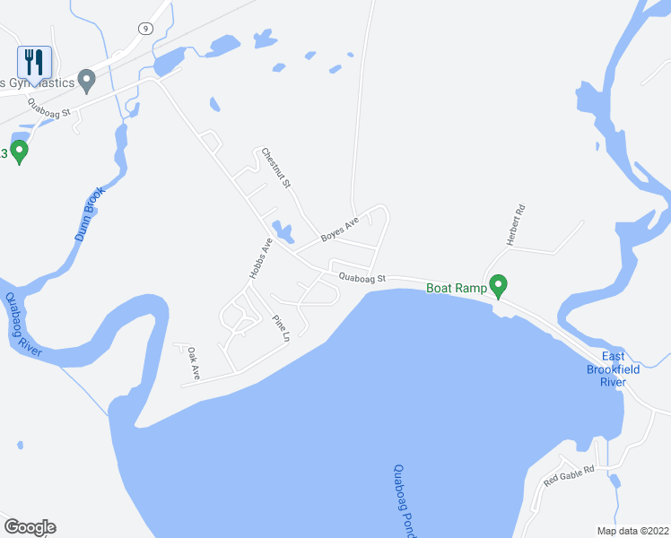 map of restaurants, bars, coffee shops, grocery stores, and more near 68 Quaboag Street in Brookfield