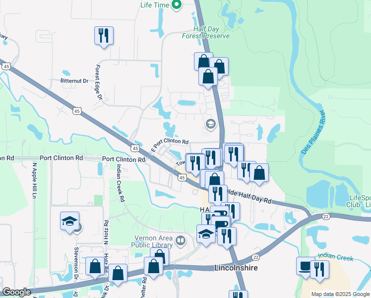 map of restaurants, bars, coffee shops, grocery stores, and more near 1202 Byrne Boulevard in Vernon Hills