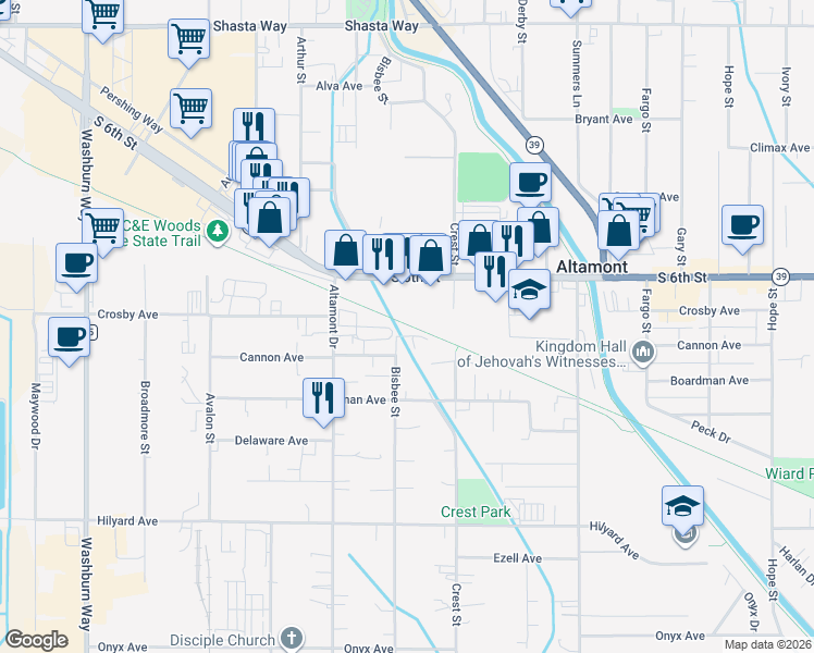 map of restaurants, bars, coffee shops, grocery stores, and more near 3612 South 6th Street in Klamath Falls