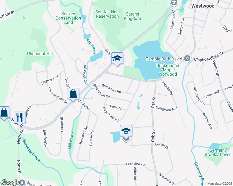 map of restaurants, bars, coffee shops, grocery stores, and more near 75 Greenacre Road in Westwood