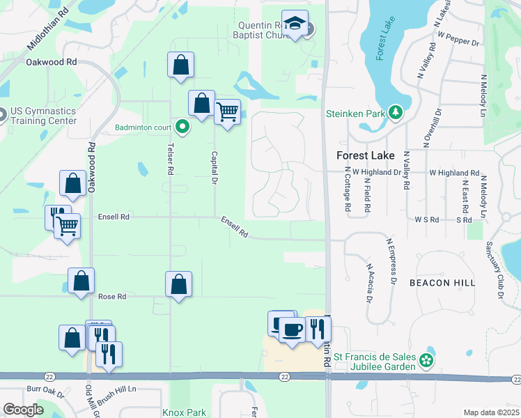 map of restaurants, bars, coffee shops, grocery stores, and more near 23 South Chestnut Court in Hawthorn Woods