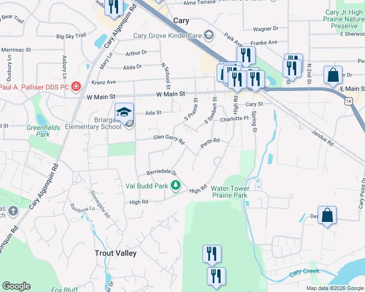 map of restaurants, bars, coffee shops, grocery stores, and more near 503 South Prairie Street in Cary