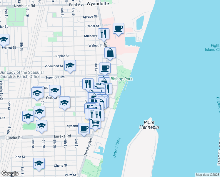 map of restaurants, bars, coffee shops, grocery stores, and more near 2817 Biddle Avenue in Wyandotte
