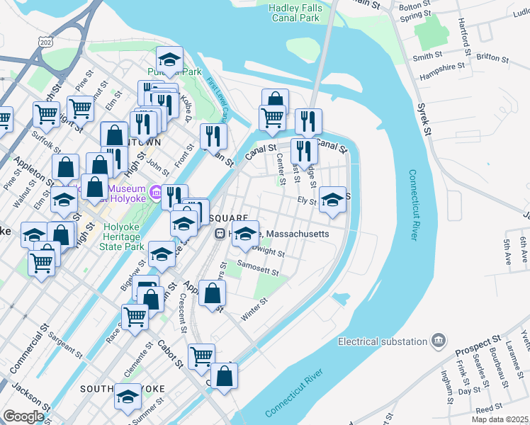 map of restaurants, bars, coffee shops, grocery stores, and more near 21 Bowers Street in Holyoke