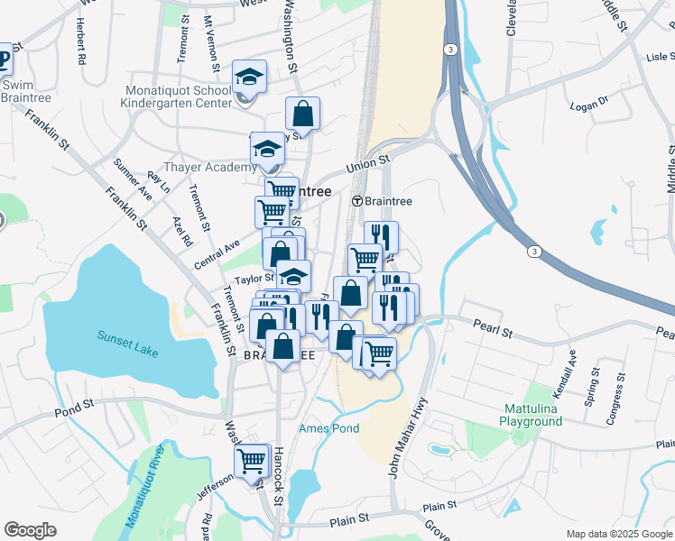 map of restaurants, bars, coffee shops, grocery stores, and more near 37 French Avenue in Braintree