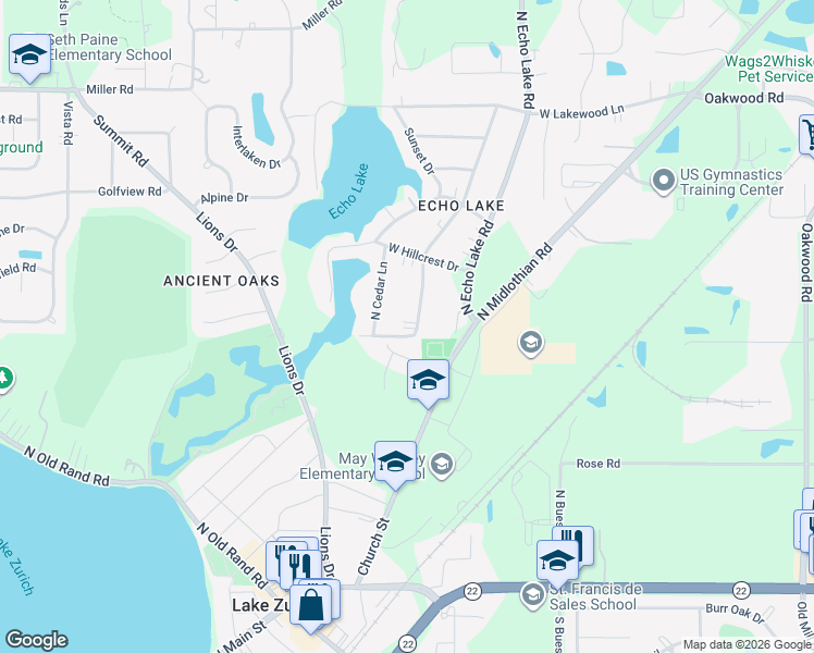 map of restaurants, bars, coffee shops, grocery stores, and more near 23378 Cherry Road in Lake Zurich