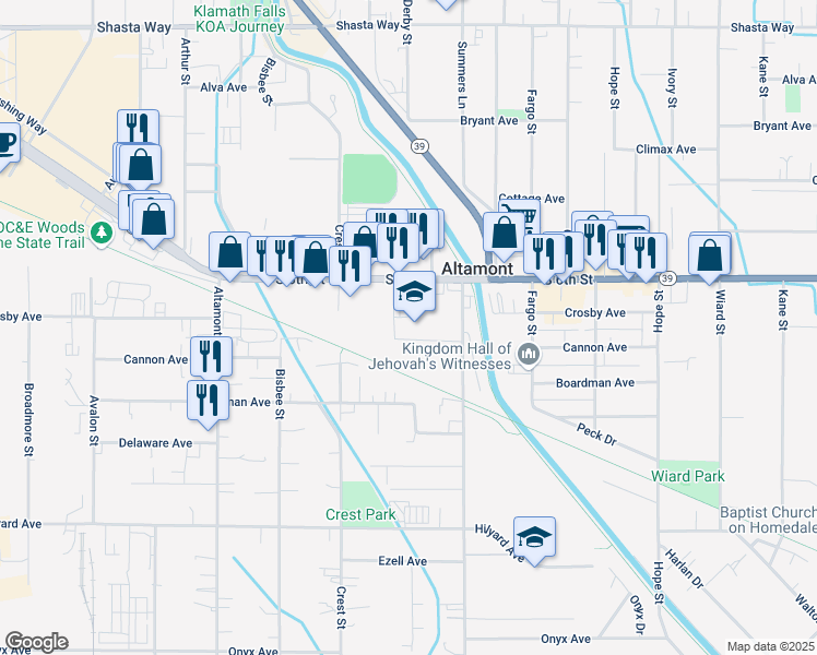 map of restaurants, bars, coffee shops, grocery stores, and more near 2450 Summers Lane in Klamath Falls