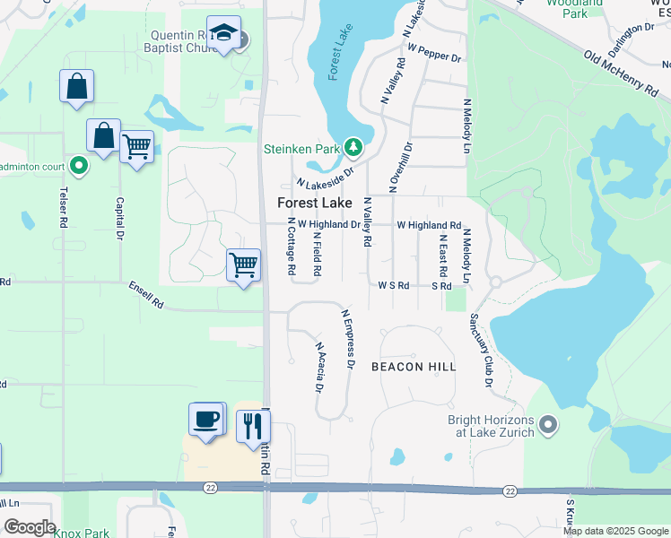 map of restaurants, bars, coffee shops, grocery stores, and more near 23530 North Park Road in Lake Zurich