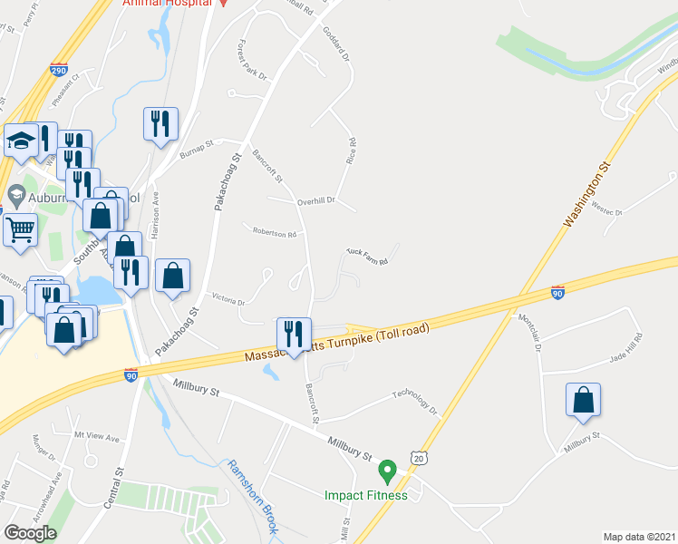 map of restaurants, bars, coffee shops, grocery stores, and more near 3 Tuck Farm Road in Auburn