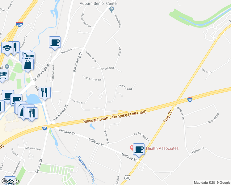 map of restaurants, bars, coffee shops, grocery stores, and more near 3 Tuck Farm Road in Auburn