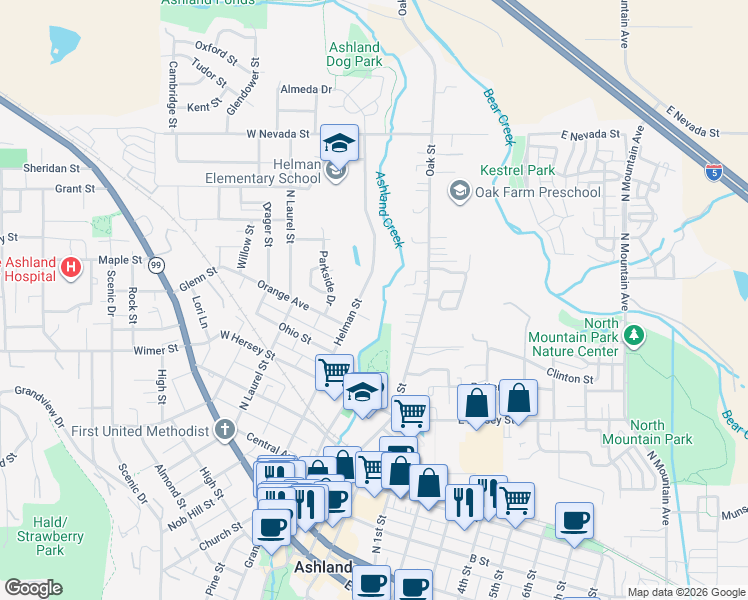 map of restaurants, bars, coffee shops, grocery stores, and more near 484 Helman Street in Ashland