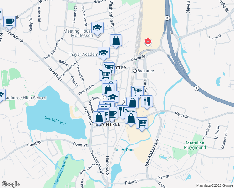 map of restaurants, bars, coffee shops, grocery stores, and more near 798 Washington Street in Braintree