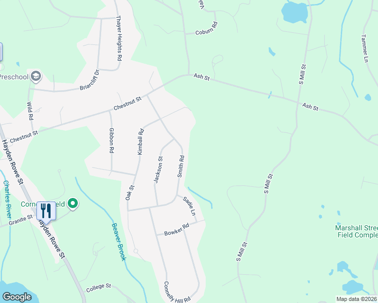 map of restaurants, bars, coffee shops, grocery stores, and more near 13 Smith Road in Hopkinton