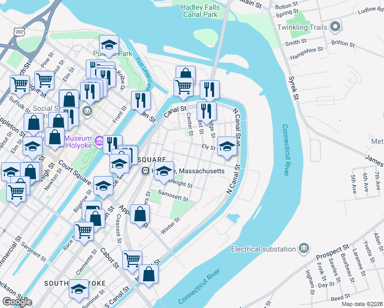 map of restaurants, bars, coffee shops, grocery stores, and more near 54 Center Street in Holyoke