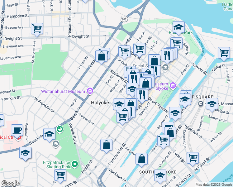 map of restaurants, bars, coffee shops, grocery stores, and more near 207 Elm Street in Holyoke