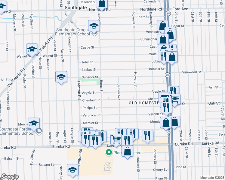 map of restaurants, bars, coffee shops, grocery stores, and more near 13461 Commonwealth Street in Southgate