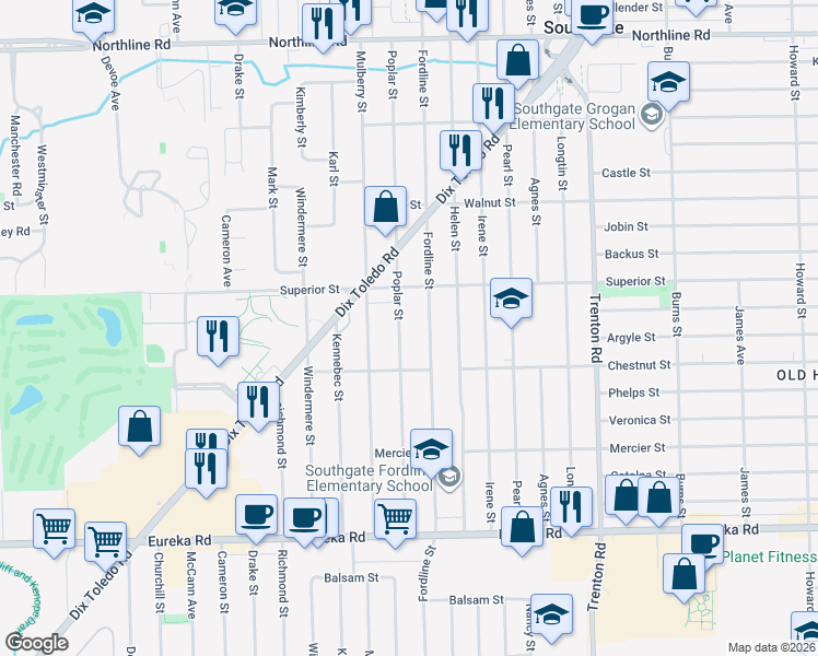 map of restaurants, bars, coffee shops, grocery stores, and more near 14177 Poplar Street in Southgate