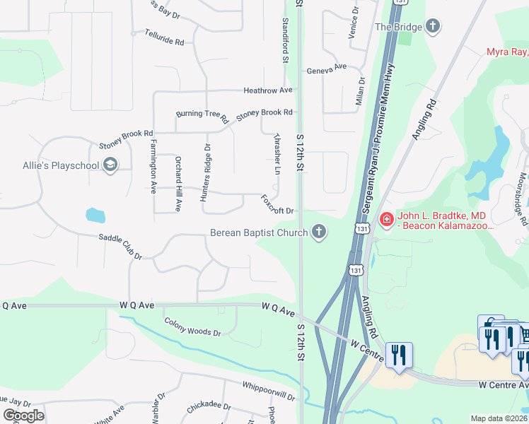 map of restaurants, bars, coffee shops, grocery stores, and more near 5095 Foxcroft Drive in Kalamazoo