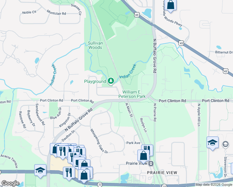 map of restaurants, bars, coffee shops, grocery stores, and more near 1139 Creek View Drive in Vernon Hills
